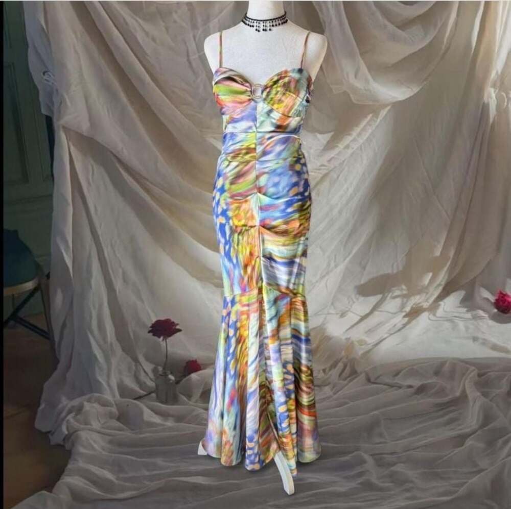 Vintage Y2K Blondie Nites Size 5 Multi-Color Abstract Print Mermaid Formal Dr